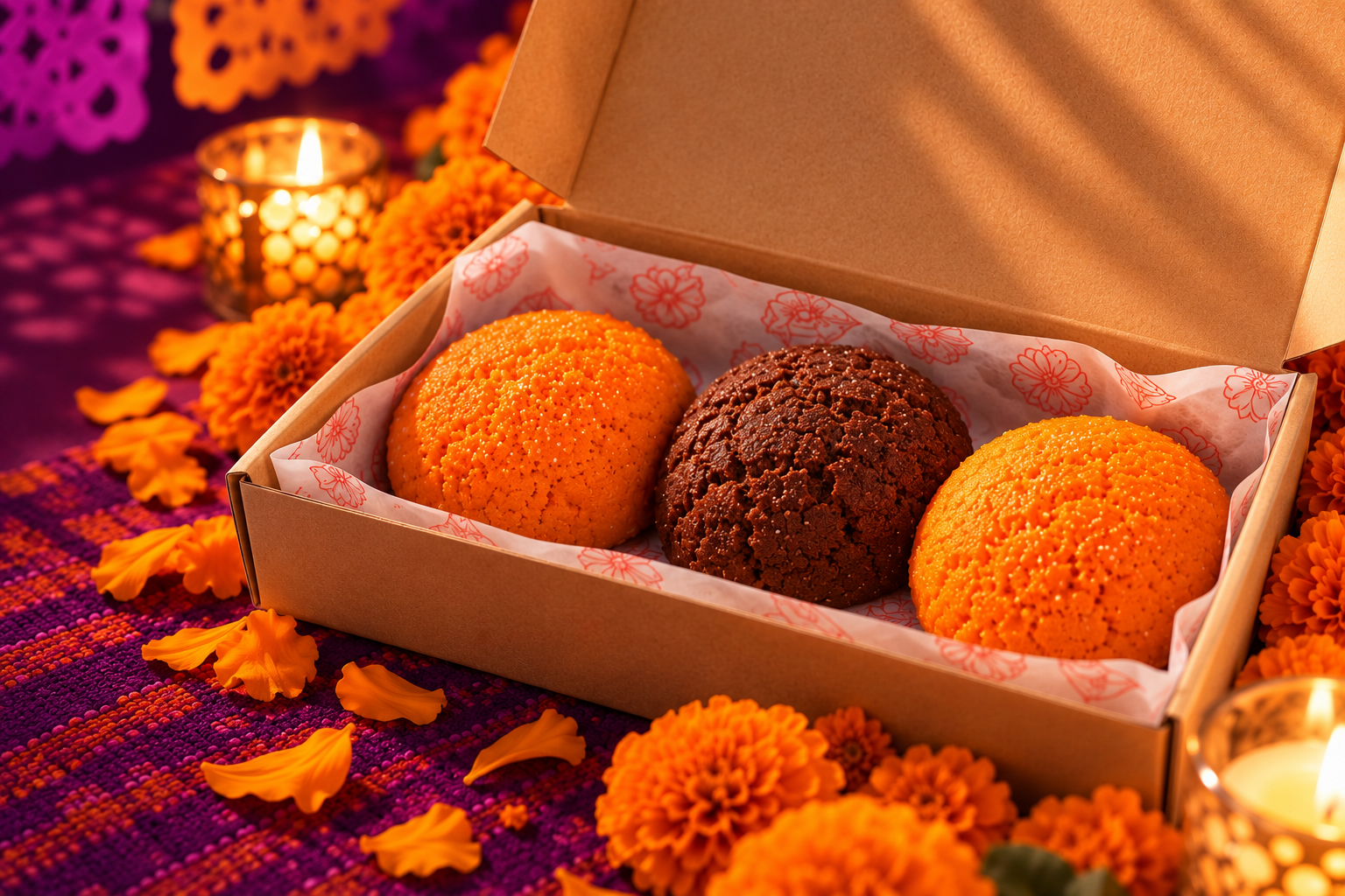 Caja de tres conchitas de Día de Muertos: dos Ofrenda Cempasúchil y una Ofrenda Chocolate